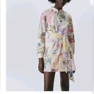 Zara Multicolor Floral Belted Long Sleeve Mini Dress XS